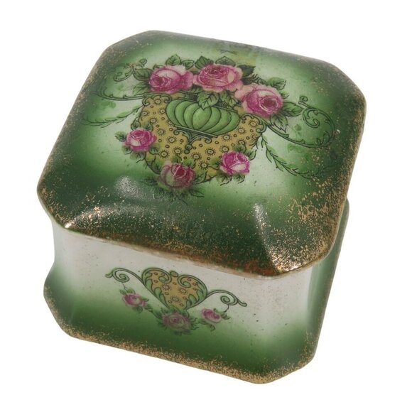 VTG Pink Rose Flower Floral Basket Green Gold Square Ceramic Trinket Jewelry Box - Picture 1 of 14